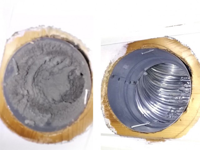 Sammenligning av ventilasjonsrør før og etter rengjøring, med støv og rent metall.